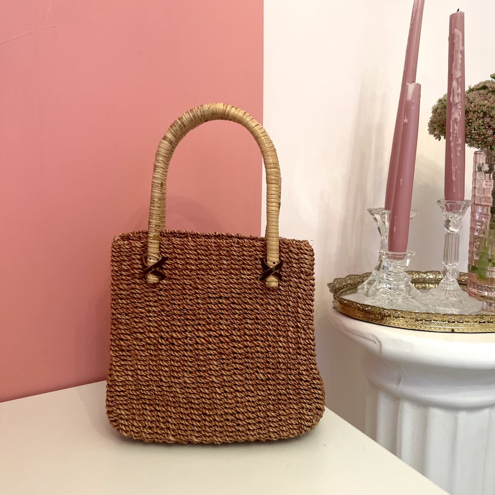 Small straw bamboo and leather tote